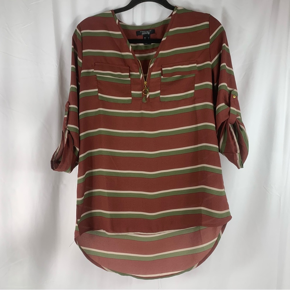 Streetwear Society Blouse Burnt Red Brown Striped Top 3/4 Sleeve Shirt w/ Zipper